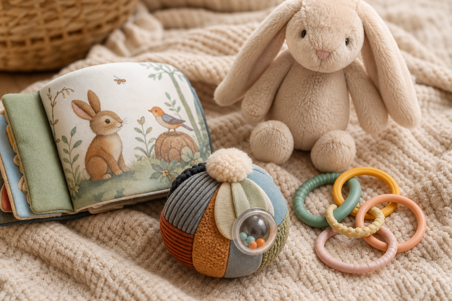 What and How Much to Play with Baby? 17 how to play with your baby — soft picture book, sensory toy and teething rings on cozy knit blanket
