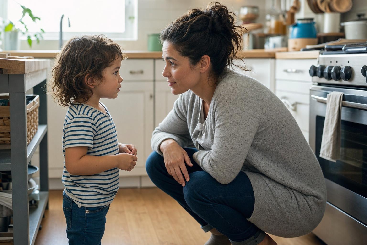 How to Deal With a Defiant Child Without Losing Your Cool: A Calm, Practical Approach 17 A parent crouching to give a young child a clear, kind one-step instruction at eye level in a bright kitchen, the child listening, showing how clear calm instructions help with a defiant child