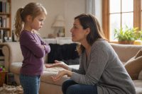 How to Deal With a Defiant Child Without Losing Your Cool: A Calm, Practical Approach 1 A parent kneeling to a young child's eye level in a living room, speaking calmly while the child stands with crossed arms looking upset, illustrating how to deal with a defiant child in a calm and connected way