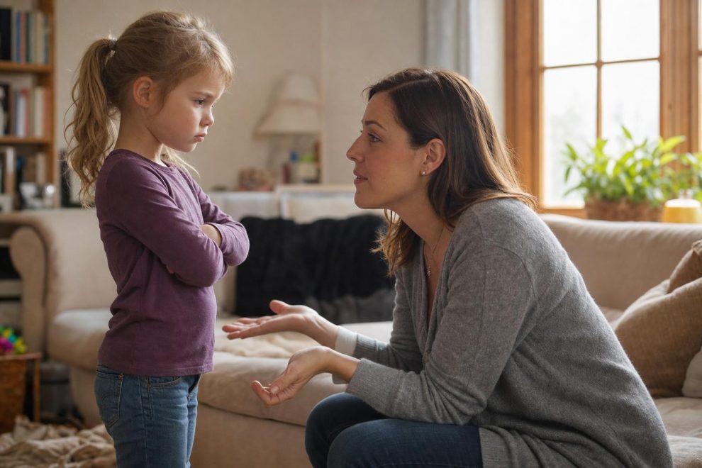 How to Deal With a Defiant Child Without Losing Your Cool: A Calm, Practical Approach 15 A parent kneeling to a young child's eye level in a living room, speaking calmly while the child stands with crossed arms looking upset, illustrating how to deal with a defiant child in a calm and connected way