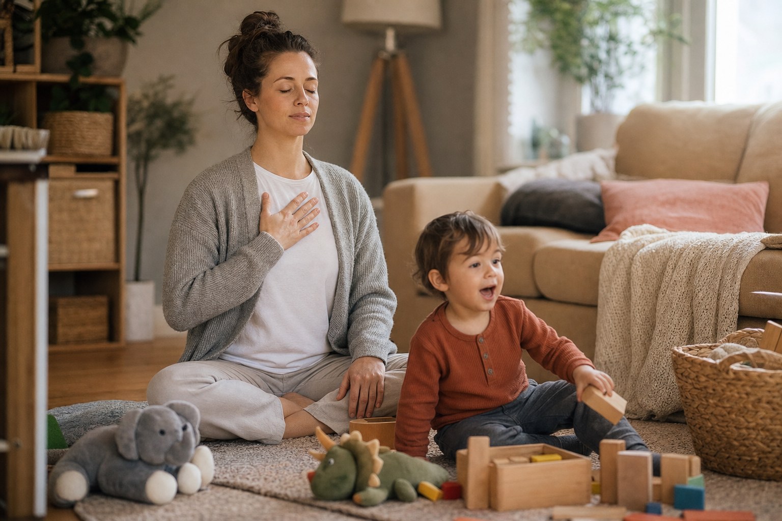 How to Deal With a Defiant Child Without Losing Your Cool: A Calm, Practical Approach 16 A parent taking a slow, calming breath with eyes closed while a young child has a small tantrum on the floor nearby, soft home interior, showing a parent staying calm and regulated during a child's defiant moment