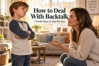 A warm mom of three crouching calmly at her grade-schooler's eye level in a cozy living room while the child stands arms-crossed mid-sass, the mom staying steady and kind, with a legible baked-in headline "How to Deal With Backtalk" and subline "7 Gentle Ways to Stop the Sass" — a reassuring scene about staying calm when a child talks back