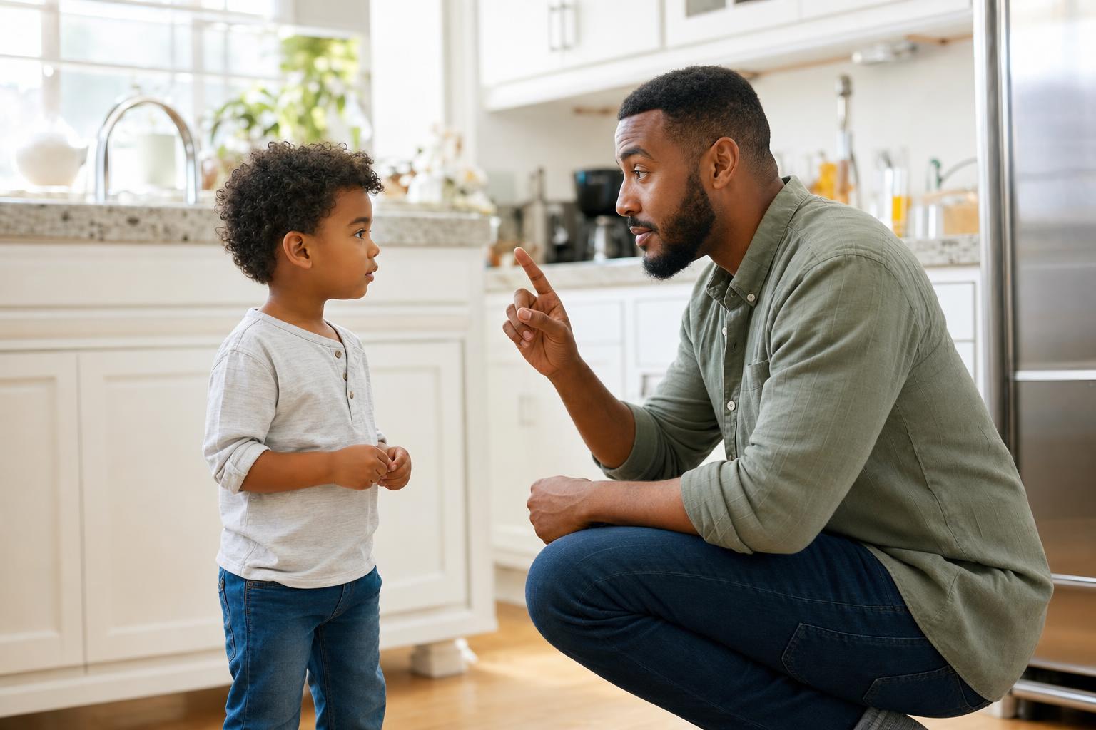 How to Get Kids to Listen: Simple, Calm Steps That Actually Work 16 A parent kneeling to give a young child one short, clear instruction at eye level in a bright kitchen, the child paying attention, showing how clear simple directions help get kids to listen