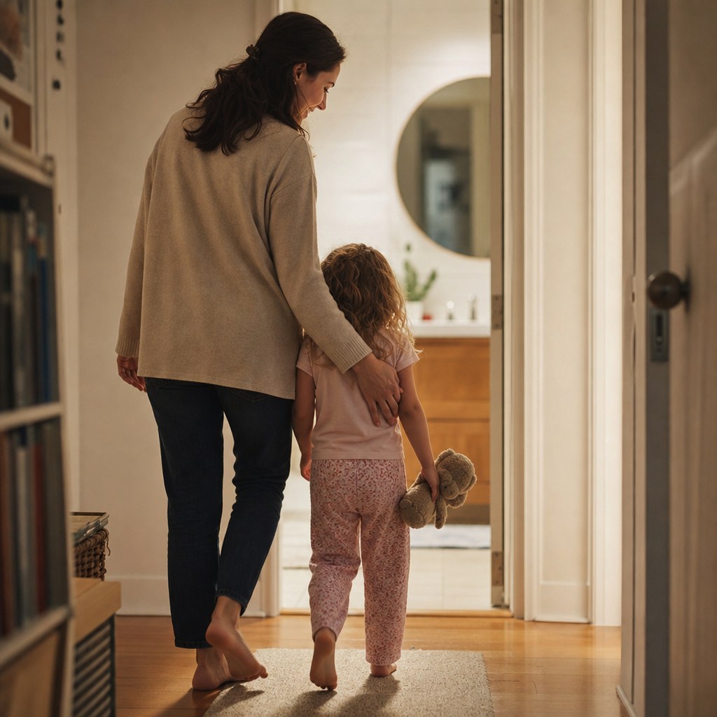 How to Get Kids to Listen: Simple, Calm Steps That Actually Work 17 A parent and young child calmly moving through an evening routine together at home, the child cooperating, showing how predictable routines help get kids to listen