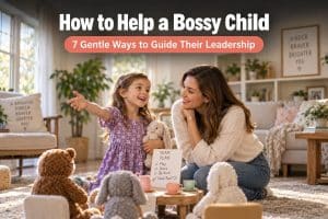 A warm mom of three kneeling at her spirited grade-schooler's eye level in a sunny living room while the confident child organizes a game, the mom smiling and listening with steady warmth, with a legible baked-in headline "How to Help a Bossy Child" and subline "7 Gentle Ways to Guide Their Leadership" — a hopeful scene about turning a take-charge streak into kind leadership