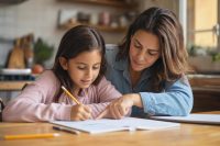How to Help a Child With Homework Without the Nightly Battle: A Calm, Practical Guide 1 A parent and a young child sitting together at a kitchen table working on homework, the parent pointing encouragingly at the page while the child writes, illustrating how to help a child with homework in a calm and supportive way