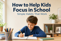 How to Help Kids Focus in School: Simple Habits That Work 1 A cheerful grade-schooler concentrating on schoolwork at a tidy desk, illustrating how to help kids focus in school