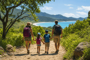 family friendly vacation ideas — family exploring a scenic outdoor destination together