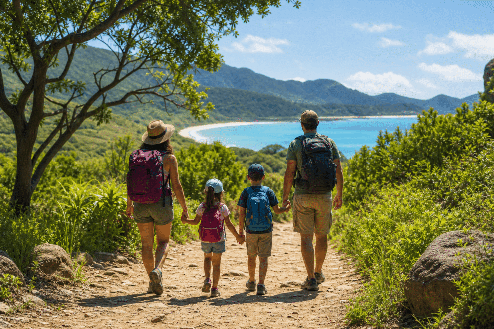 family friendly vacation ideas — family exploring a scenic outdoor destination together
