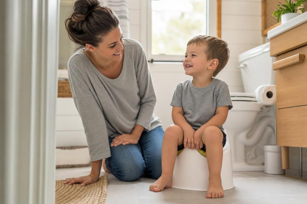 How to Potty Train a Toddler: A Gentle, Calm Guide That Actually Helps 15 A calm encouraging parent showing how to potty train a toddler, smiling warmly as a happy young child sits confidently on a small potty chair in a bright tidy bathroom with soft natural light