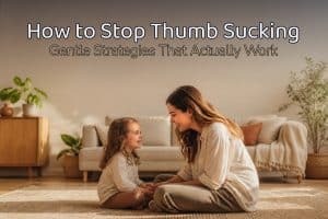 A calm mother sitting knee-to-knee with her smiling preschooler in a sunlit living room, working gently on how to stop thumb sucking, with a legible baked-in headline