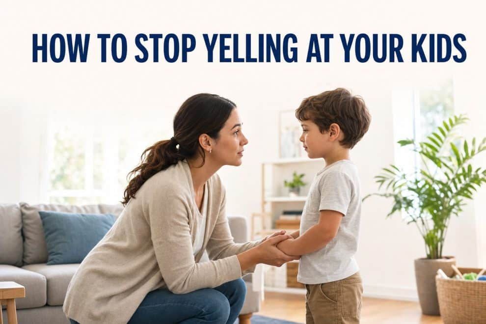how to stop yelling at your kids: a calm parent kneeling to talk gently with a young child