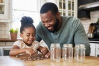 How to Teach Kids About Money: Simple, Joyful Habits That Stick 1 A calm parent showing a young child how to teach kids about money by counting coins together at a sunny kitchen table with clear saving jars nearby