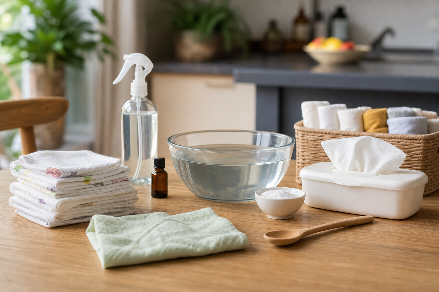 How You Can Save Money By Making Your Own Baby Wipes 16 homemade baby wipes supplies on a clean kitchen table
