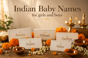 Collection of Indian baby names on ivory name cards with warm marigold and gold accents, soft diyas, jasmine, and gentle lamplight