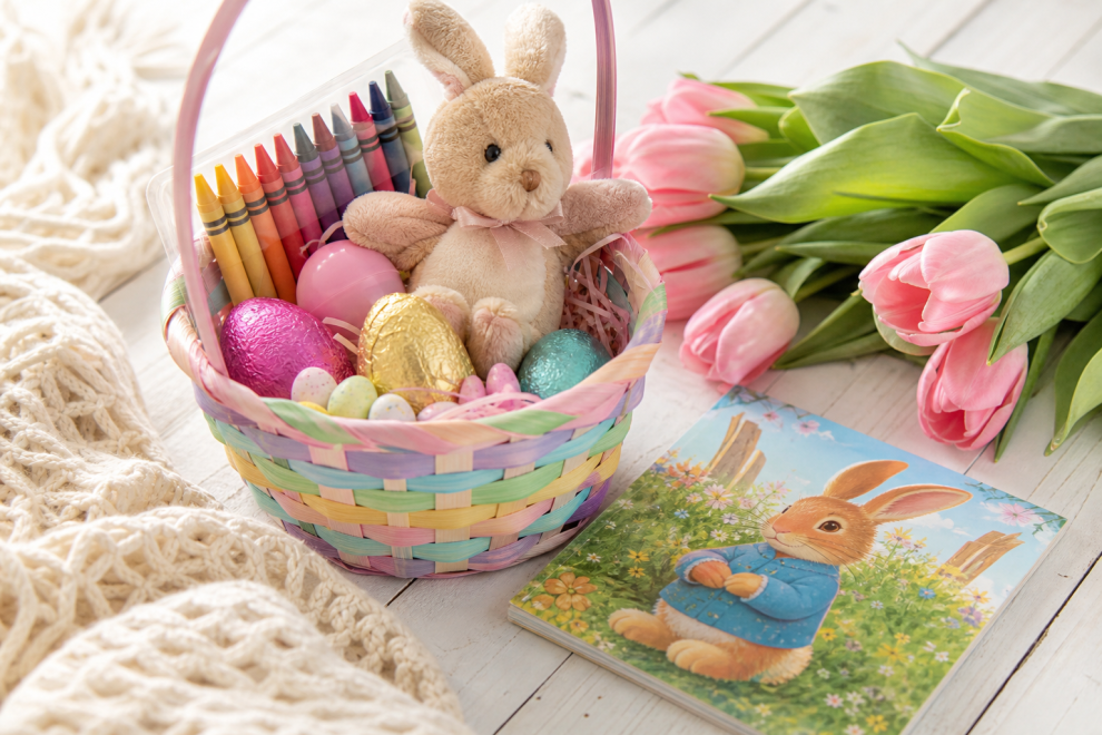Looking For Inexpensive Easter Gift Ideas? 15 Easter gifts for kids arranged in a pastel spring basket