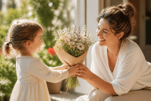 cheap mothers day gifts – toddler giving mom a flower bouquet