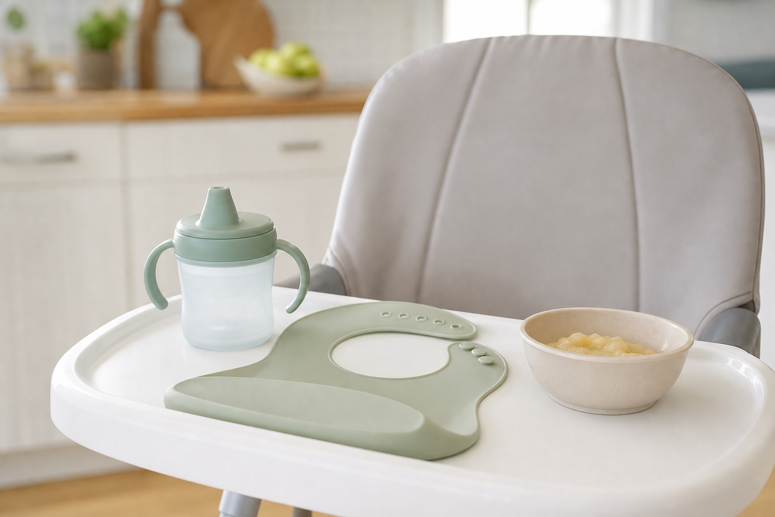 Introducing a Sippy Cup to Your Baby 16 introducing sippy cup with a cup, bib, and bowl ready on a high chair tray