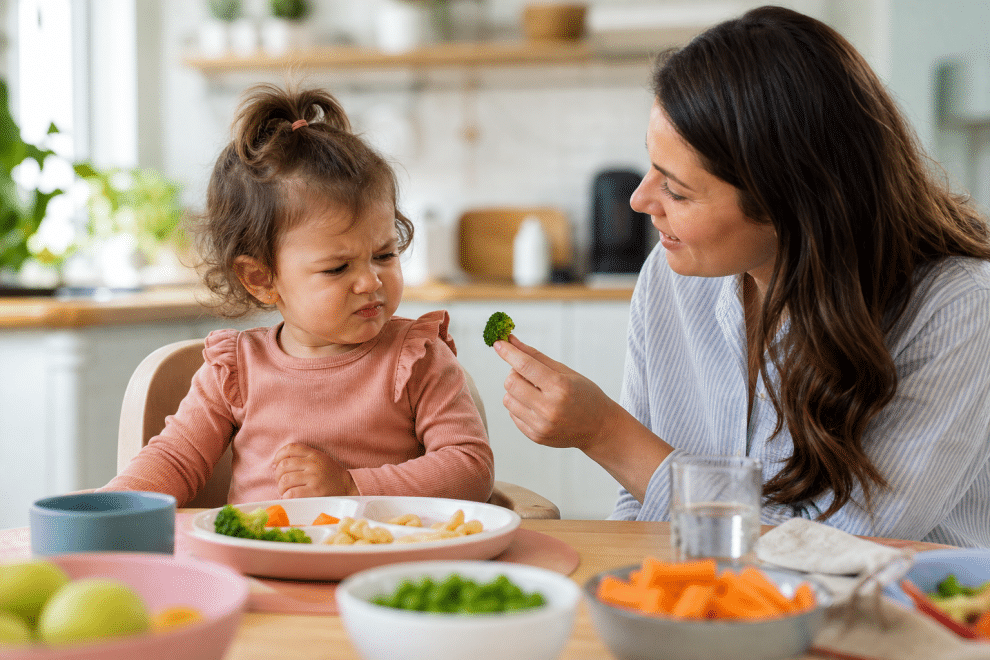 picky eater toddler tips — toddler at mealtime with parent offering food patiently