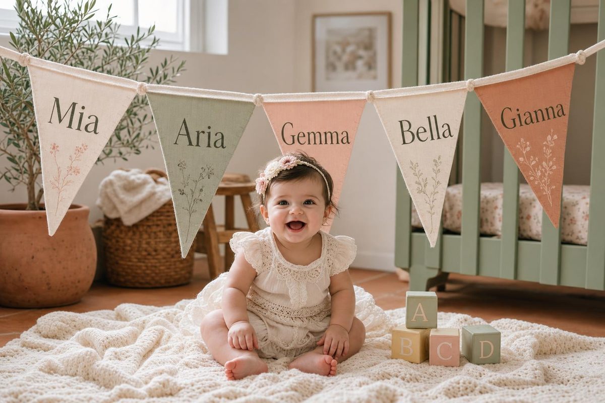 32 Beautiful Italian Baby Names & Their Meanings 16 A happy baby girl beneath a name bunting reading Mia, Aria, Gemma, Bella, and Gianna in a sunlit Italian-style nursery.