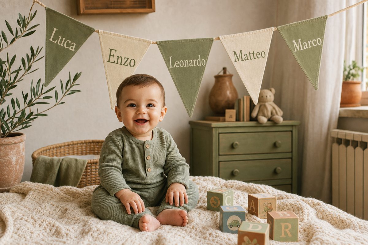 32 Beautiful Italian Baby Names & Their Meanings 17 A smiling baby boy with a name banner reading Luca, Enzo, Leonardo, Matteo, and Marco in a warm sage-green nursery.