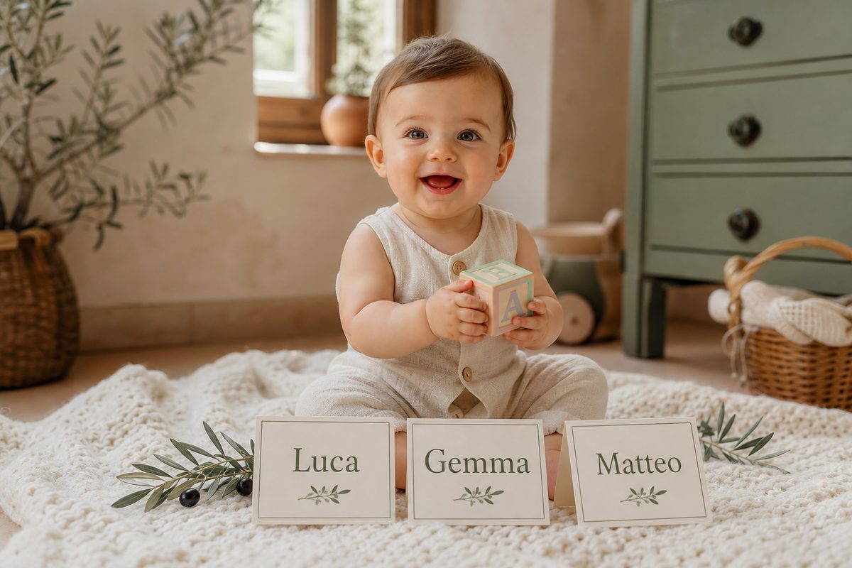 32 Beautiful Italian Baby Names & Their Meanings 18 A baby holding an alphabet block beside name cards reading Luca, Gemma, and Matteo for practicing Italian baby name sounds.