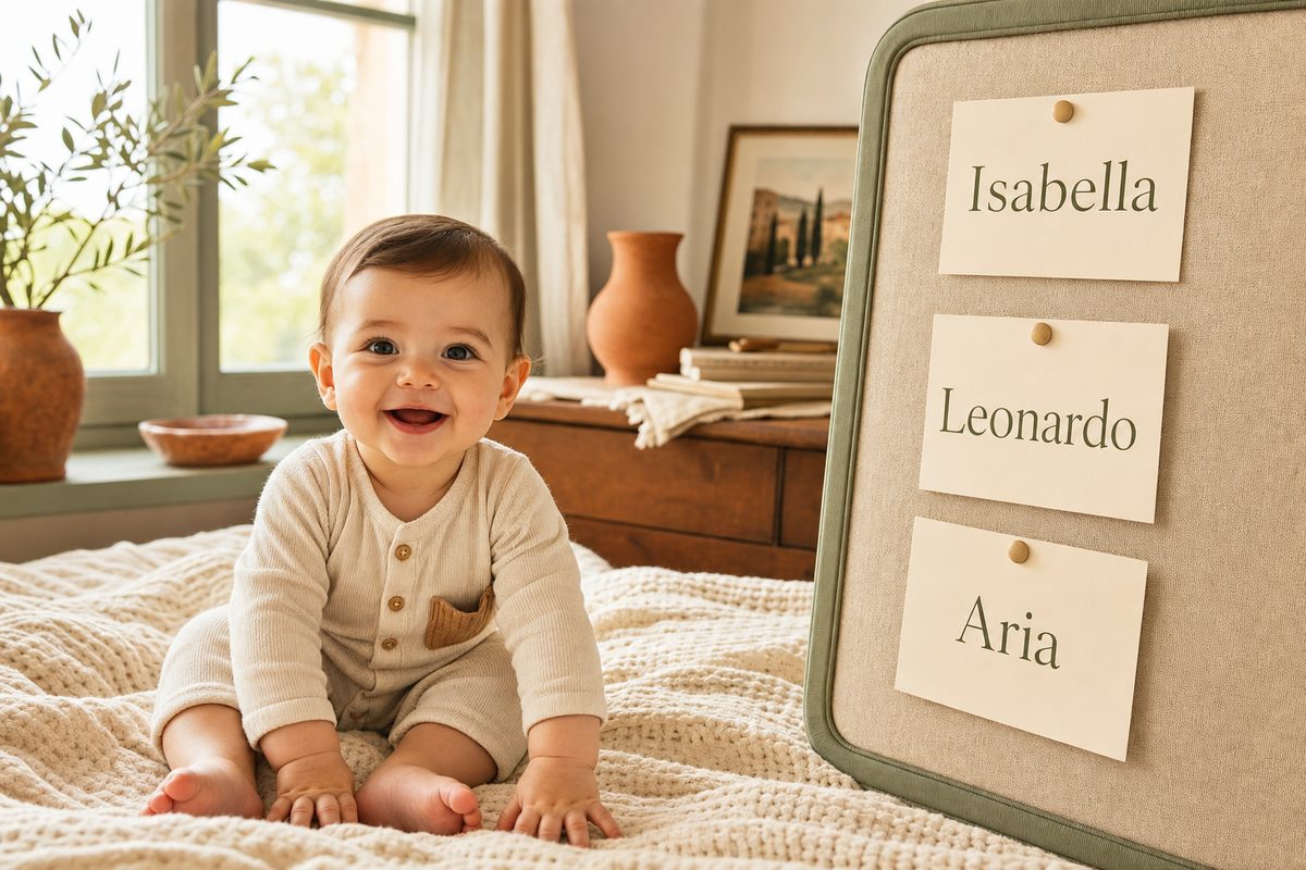 32 Beautiful Italian Baby Names & Their Meanings 19 A baby beside a shortlist board pinned with Isabella, Leonardo, and Aria while choosing an Italian baby name.