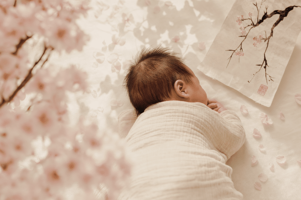 Japanese baby names guide with kanji meaning cards and soft cherry blossom details