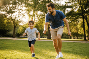 keeping kids active — parent and child playing outdoors in the park