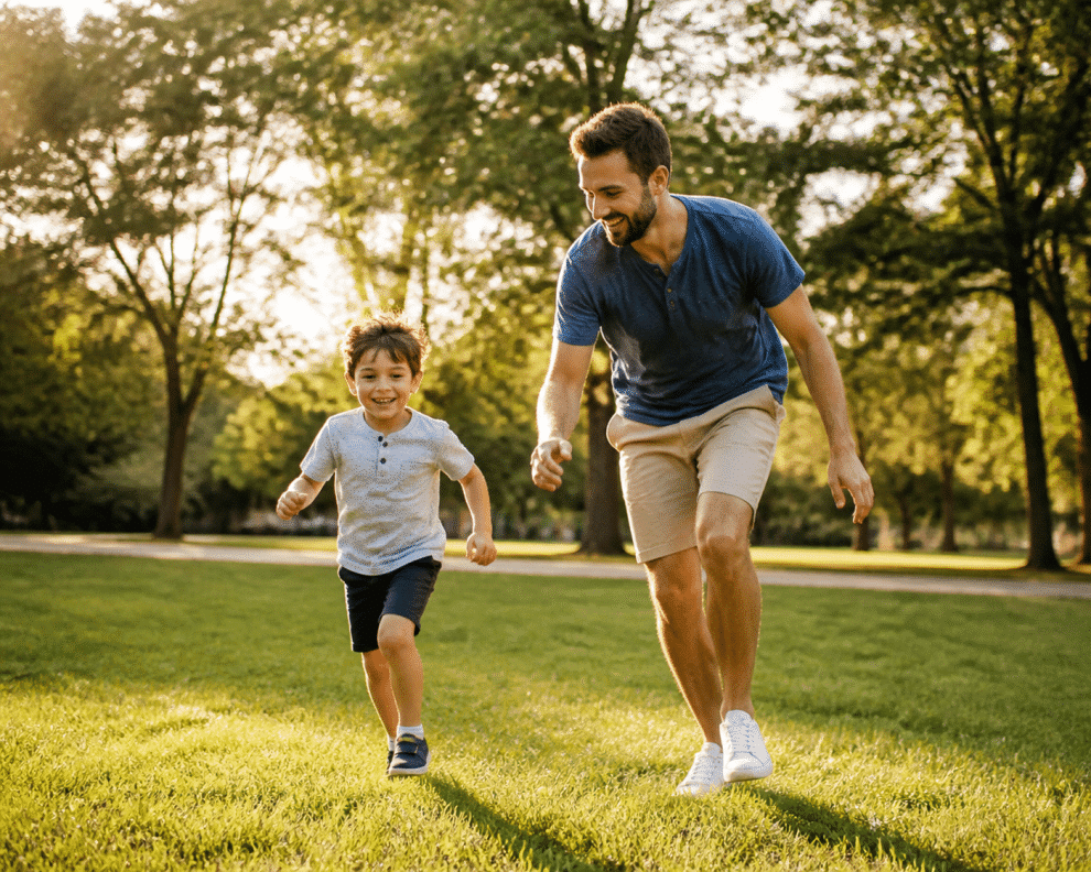 keeping kids active — parent and child playing outdoors in the park