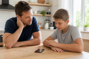 parent and child discussing kids and cell phones at kitchen table