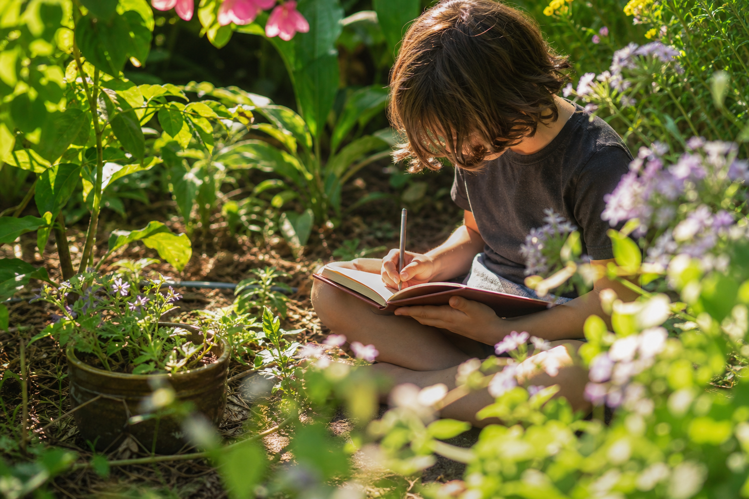 Kids and Poetry - Unlocking their Creativity 16 Child writing poetry for kids in a journal outdoors