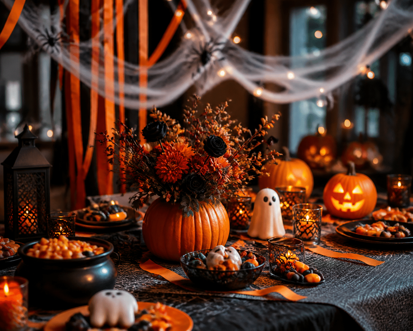 halloween party ideas for kids: festive party table with pumpkins, candy and spooky decorations