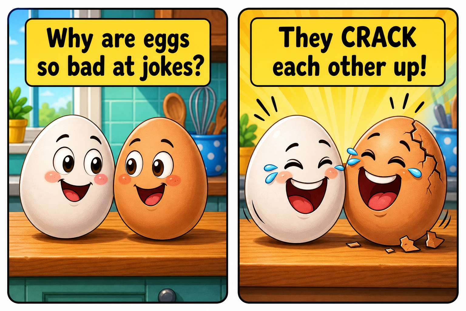 Kids Jokes: 75+ Clean, Funny Jokes for Kids (with Comics!) 10 Comic: Why are eggs so bad at jokes? They crack each other up!