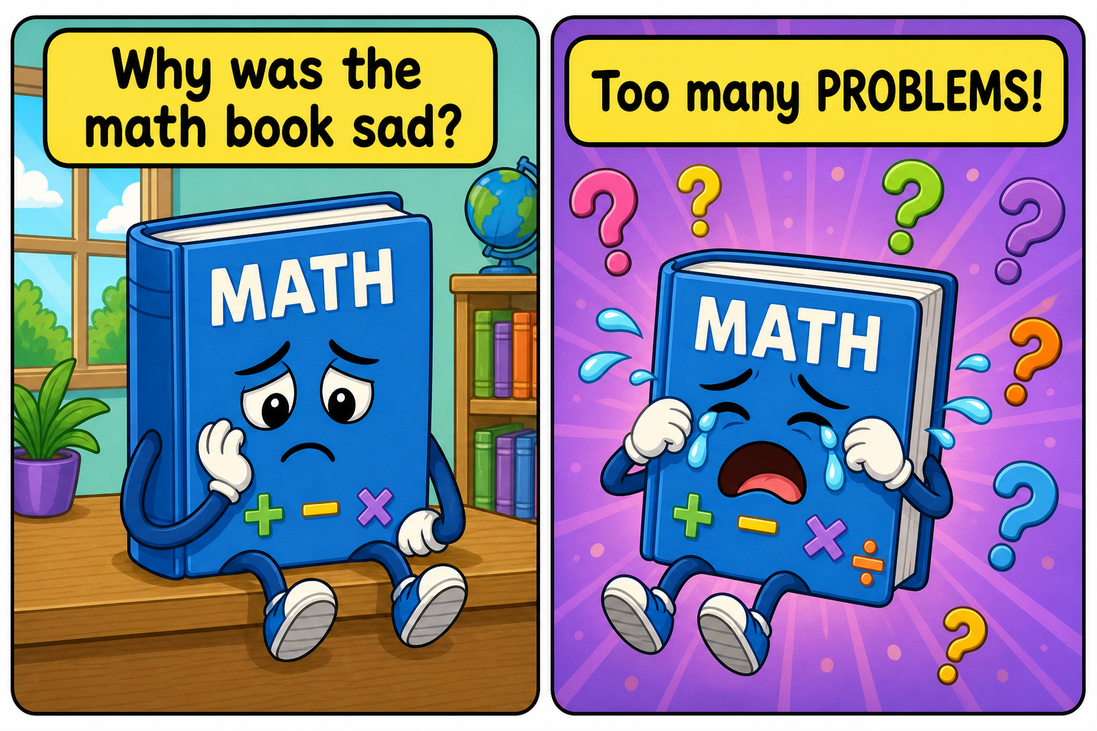 Kids Jokes: 75+ Clean, Funny Jokes for Kids (with Comics!) 12 Comic: Why was the math book sad? Too many problems!