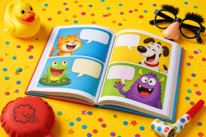kids jokes — colorful joke book with fun props on a bright table