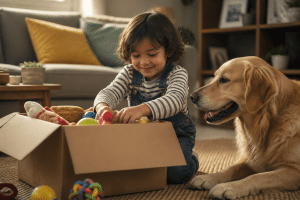 Child sorting toys to donate to help dogs