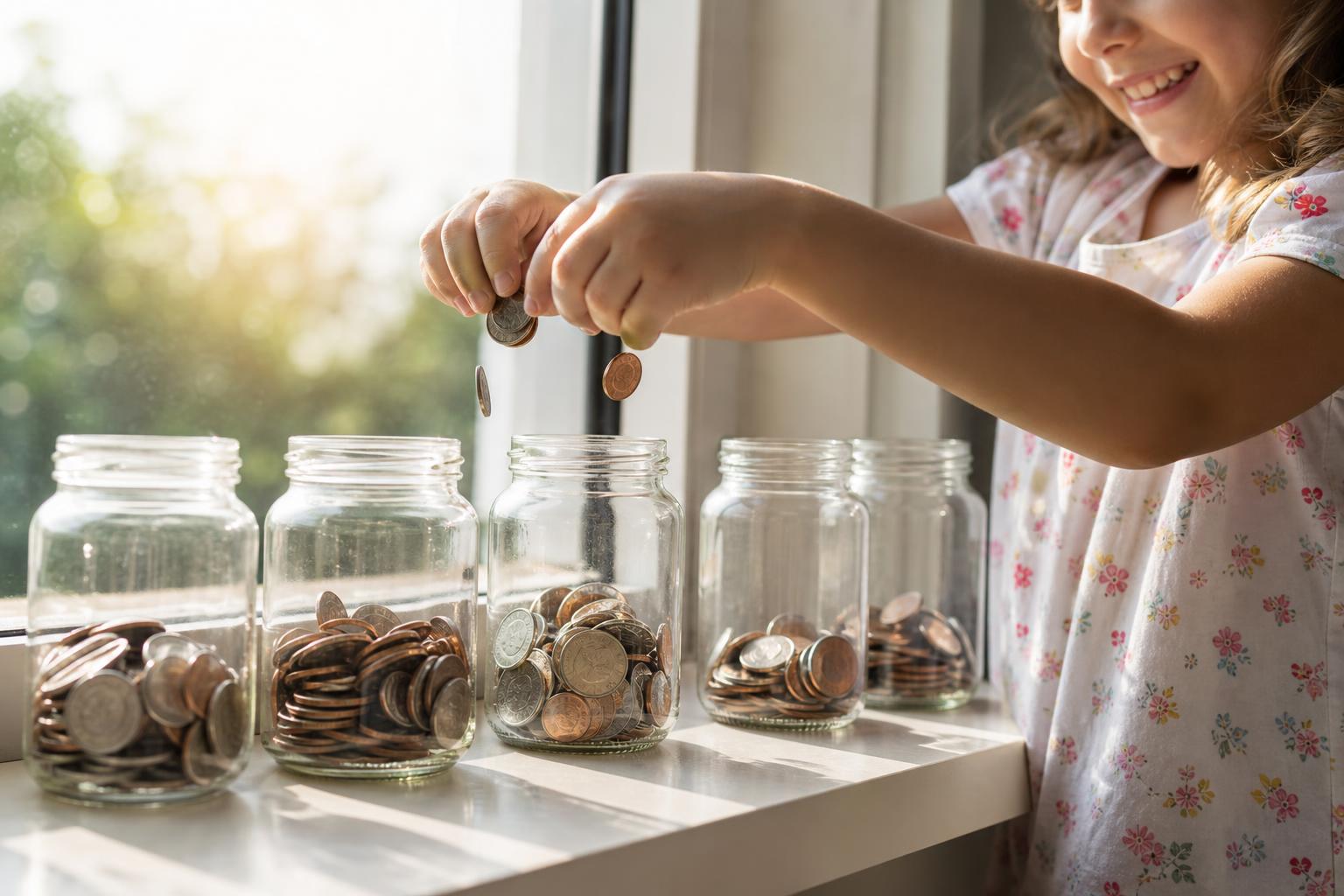 How to Teach Kids About Money: Simple, Joyful Habits That Stick 16 A young child's hands happily dropping coins into clear glass saving jars on a sunlit windowsill