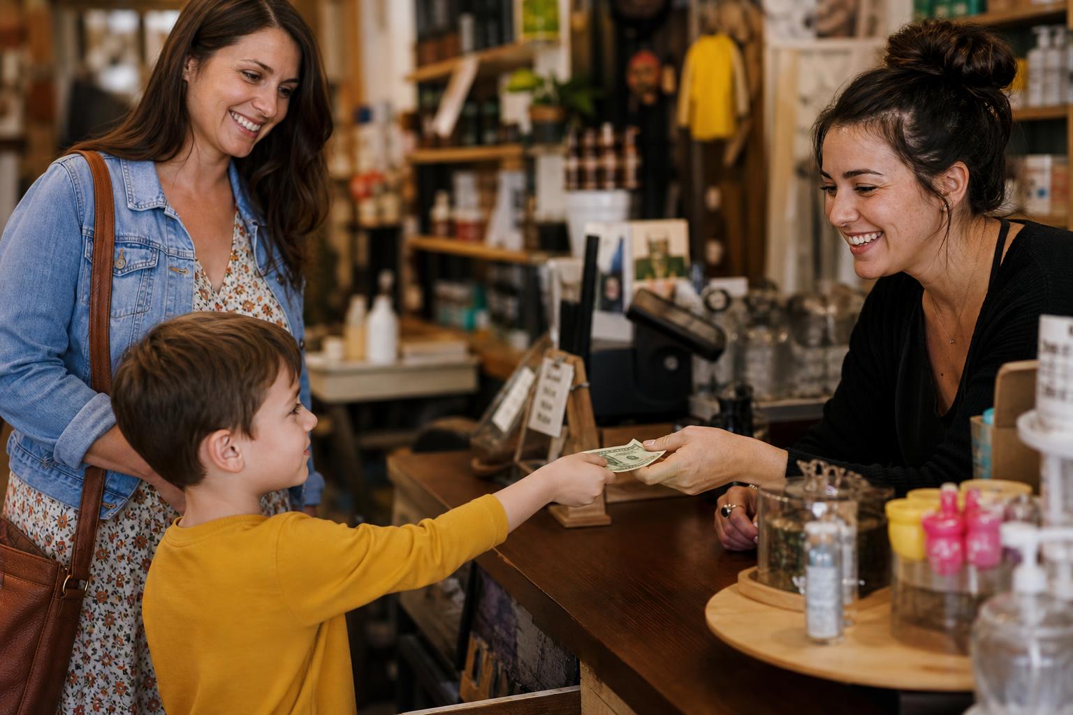 How to Teach Kids About Money: Simple, Joyful Habits That Stick 17 A young child handing cash to a friendly cashier at a small shop while a parent watches proudly
