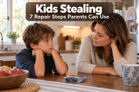 A calm parent sitting with a child at a kitchen table after kids stealing, with a small unpaid toy or treat between them and a legible baked-in headline "Kids Stealing" plus subline "7 Repair Steps Parents Can Use"