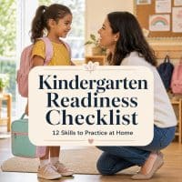Kindergarten Readiness Checklist: 12 Skills to Practice at Home 1 A parent and child with a backpack in a bright kindergarten classroom, illustrating a kindergarten readiness checklist with 12 skills to practice at home