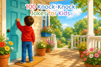 100 Knock Knock Jokes for Kids (That Actually Make Parents Laugh Too) 6 A boy in a red hoodie knocking on a turquoise front door on a sunny flower-filled porch, with the title 100 Knock-Knock Jokes for Kids