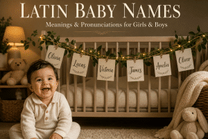 Collection of Latin baby names on ivory name cards with a soft olive-and-gold garland, laurel leaves, string lights, and warm lamplight