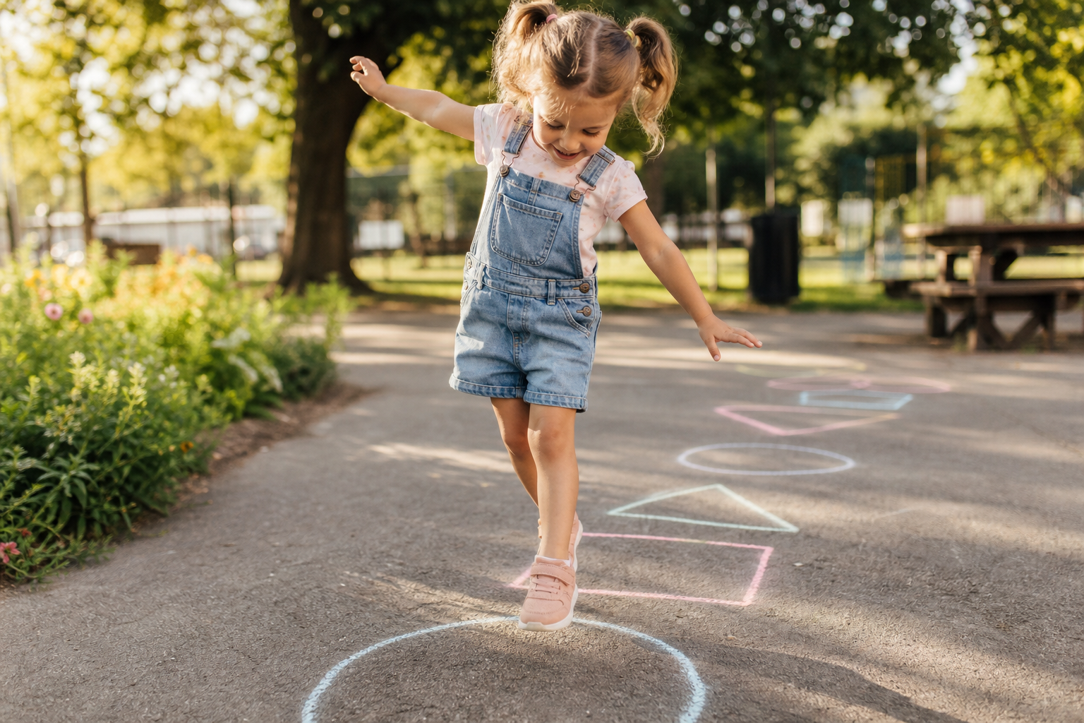 Fun Learning Activities for Preschoolers at Home: A Simple, Joyful Guide 16 Preschooler hopping along chalk shapes outdoors during active gross motor play