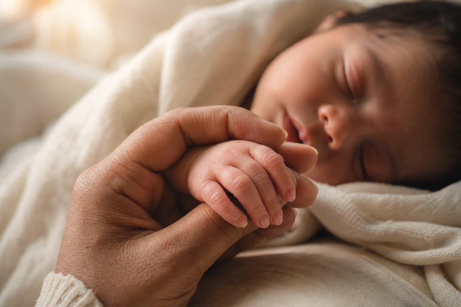 Names That Mean Life: 40+ Hopeful Picks for Your Baby 16 A parent's hands gently cradling a newborn baby's hand in warm morning light