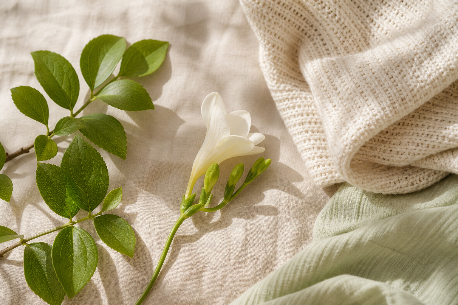 Names That Mean Life: 40+ Hopeful Picks for Your Baby 18 A soft flat-lay with a green sprig, a spring flower, and a baby blanket in gentle daylight