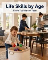 Life Skills by Age: What Kids Should Learn from Toddler to Teen 1 Children of several ages helping together in a bright family kitchen, illustrating life skills by age, with a legible baked-in headline reading Life Skills by Age From Toddler to Teen