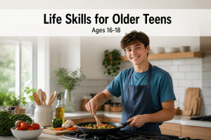 Life skills for older teens: a confident 17-year-old cooking a full meal in the kitchen while managing their own schedule, with a legible baked-in headline reading Life Skills for Older Teens, Ages 16-18
