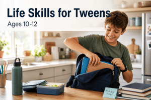 Life skills for tweens: a confident 11-year-old packing their own school bag at the kitchen counter, with a legible baked-in headline reading Life Skills for Tweens, Ages 10-12