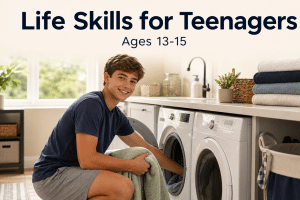 Life skills for teenagers: a confident 14-year-old doing their own laundry at home, with a legible baked-in headline reading Life Skills for Teenagers, Ages 13-15